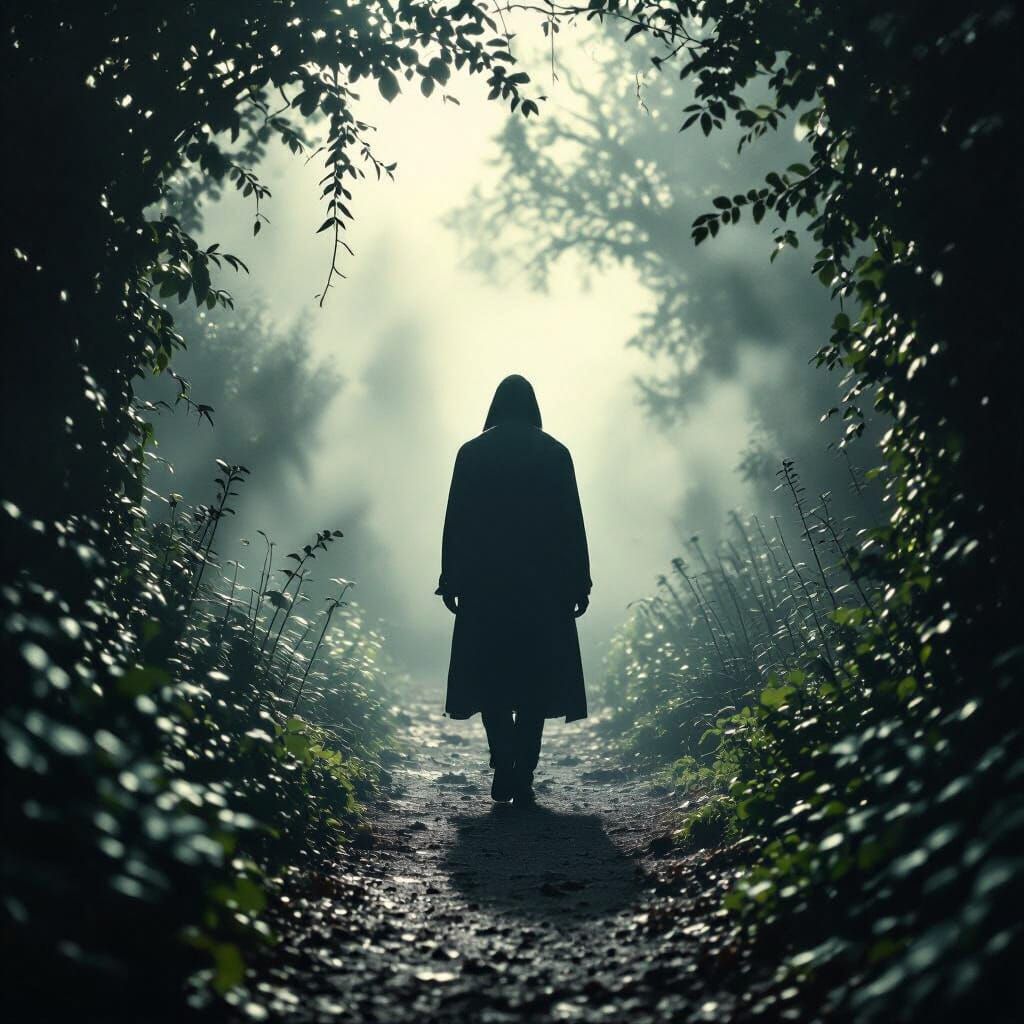 Eerie Figure Beyond the Garden Wall: Cinematic Still