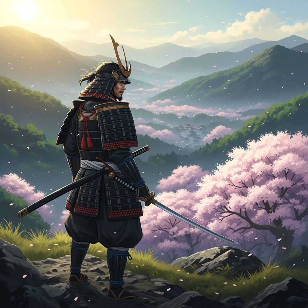 Samurai and Cherry Blossoms in Ghibli Style