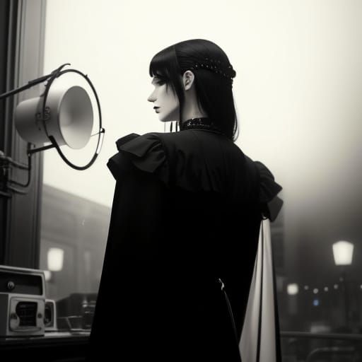 Goth Model in Coffee Shop with Broken Radios