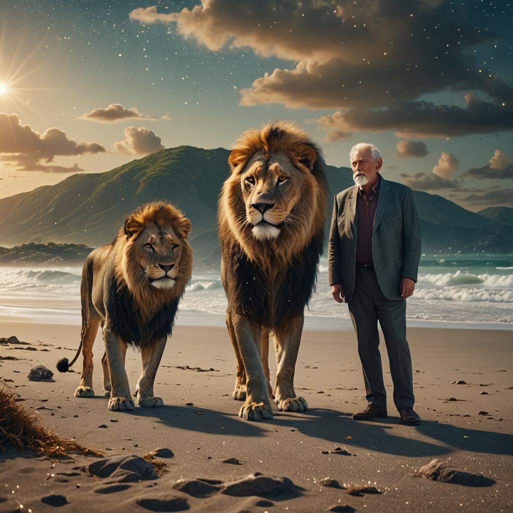 Lion and Old Man on Beach: Maximalist Digital Painting