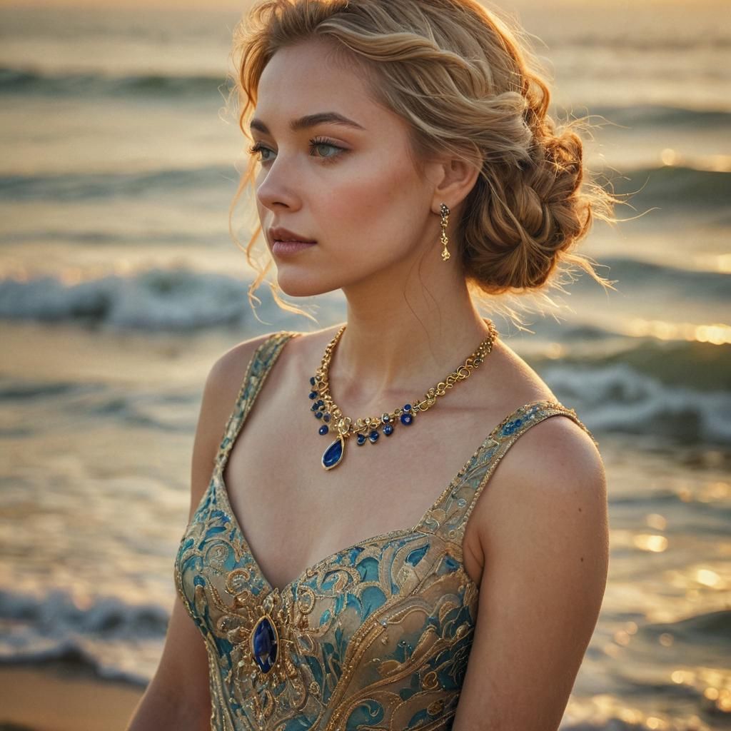 Elegant Woman in Gold and Teal Dress at Sunrise