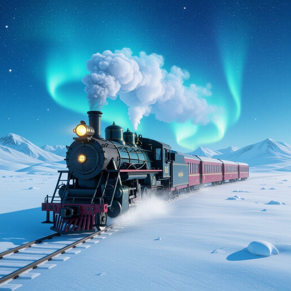 Magical Train on Snowy Landscape with Aurora