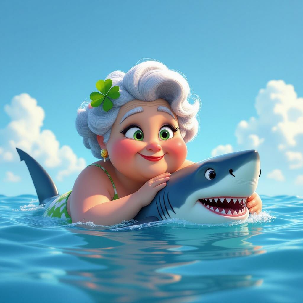 Grandma Hugs Shark in Sunny Ocean, Pixar Style