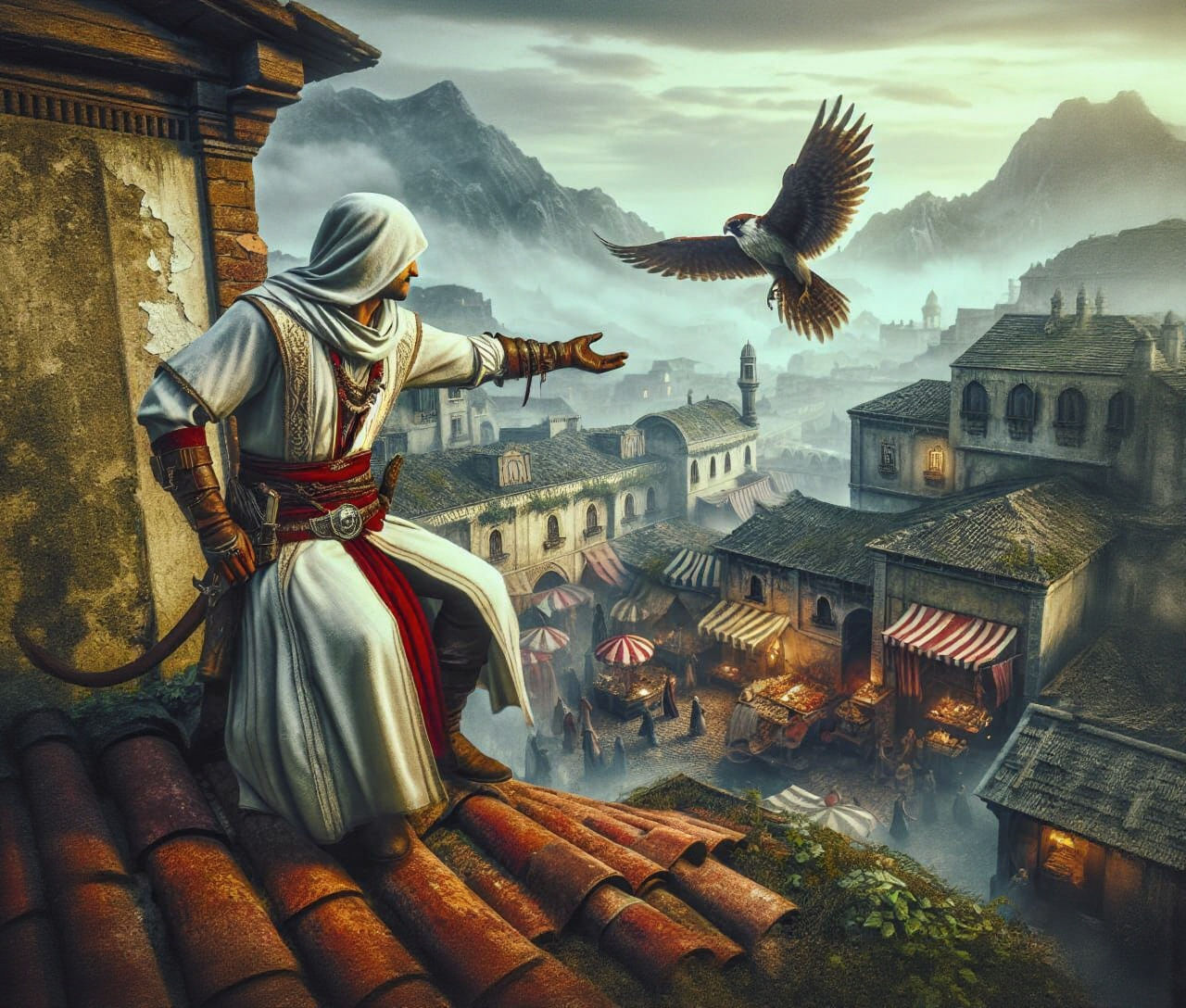 Medieval Assassin with Falcon in Oil Painting Style