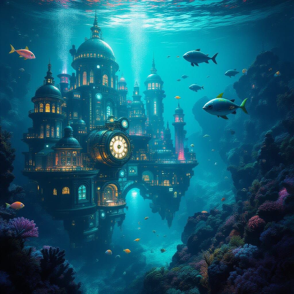 Underwater Steampunk City in Bioluminescent Coral Reef