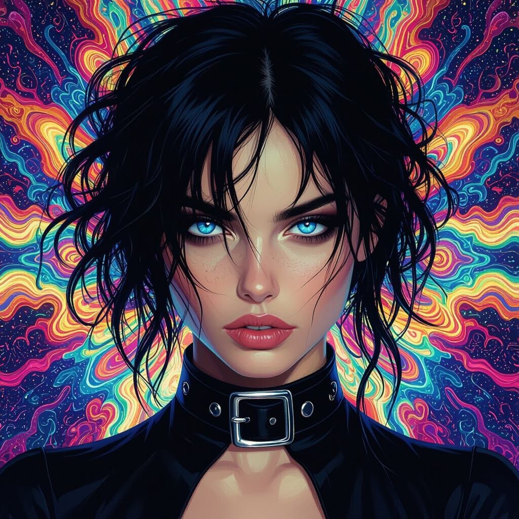 Surreal Woman with Blue Eyes and Psychedelic Colors