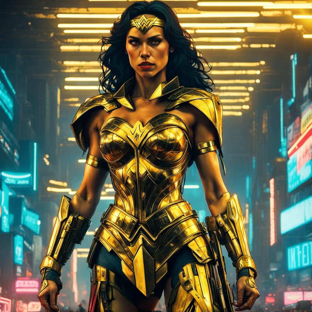 Wonder Woman in Gold Cyberpunk Armor