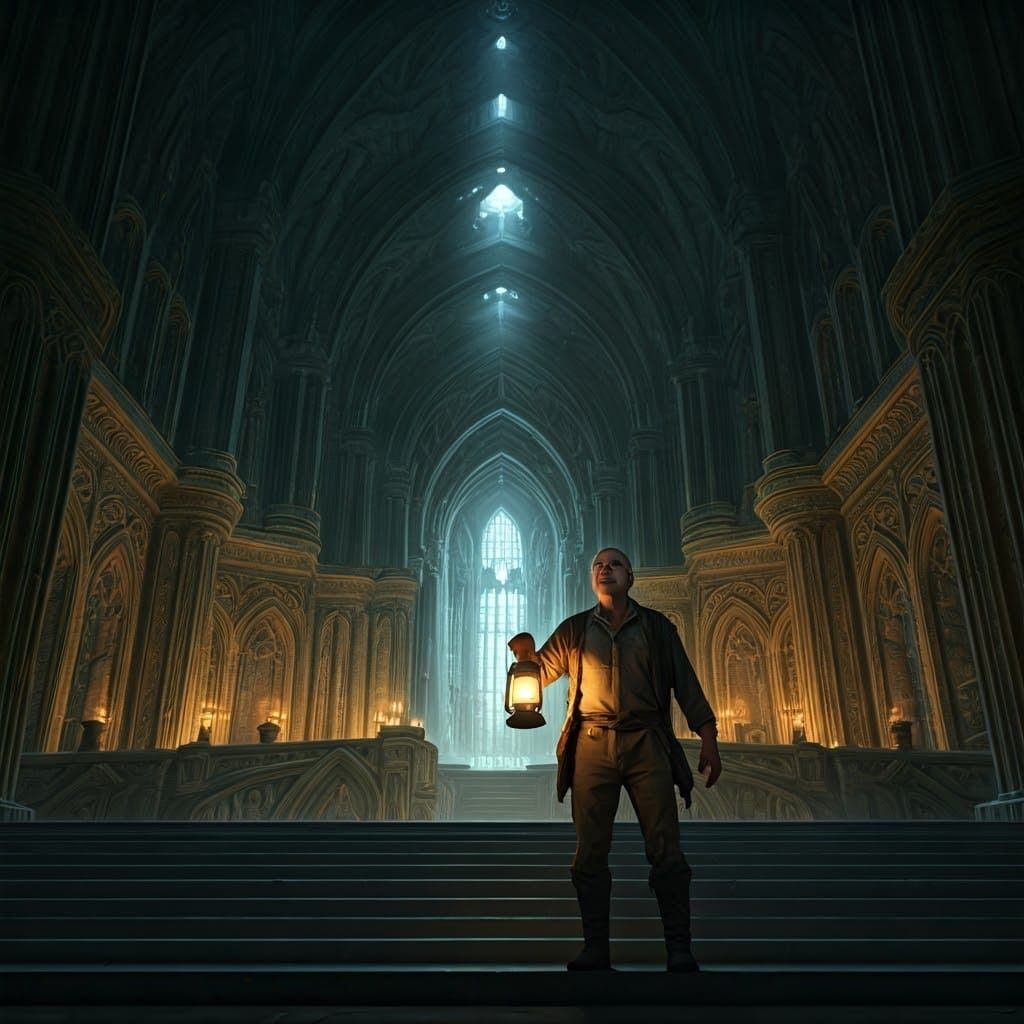 Adventurer in Grand Dungeon with Atmospheric Lighting