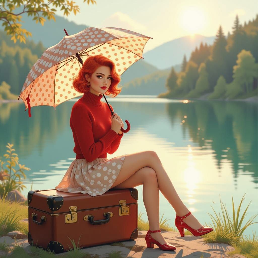 Woman with Red Hair by Pastel Lake