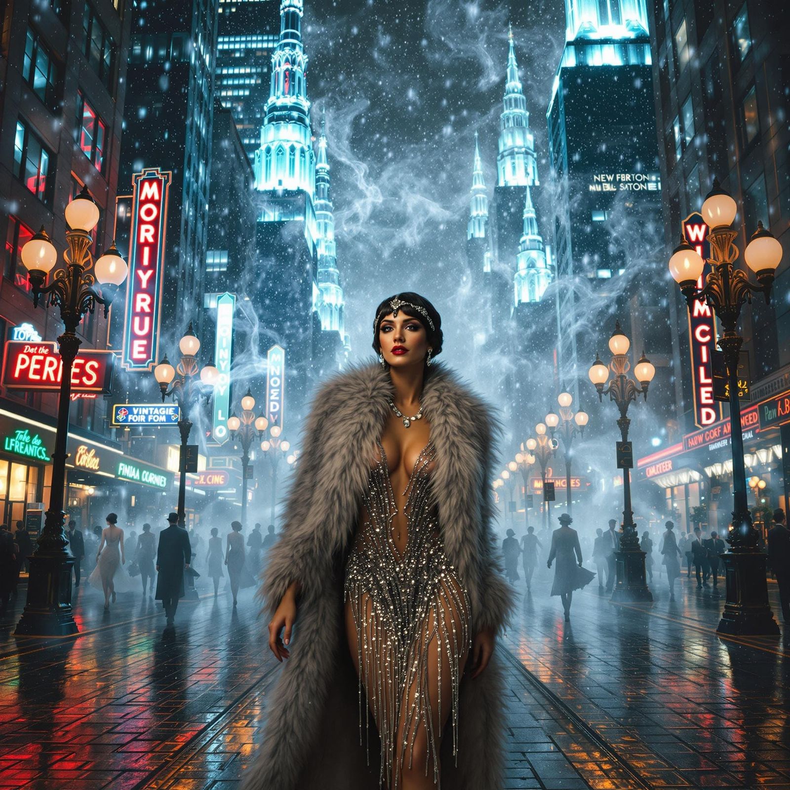 Flapper Goddess Amidst New York City's Futuristic Art Deco S...