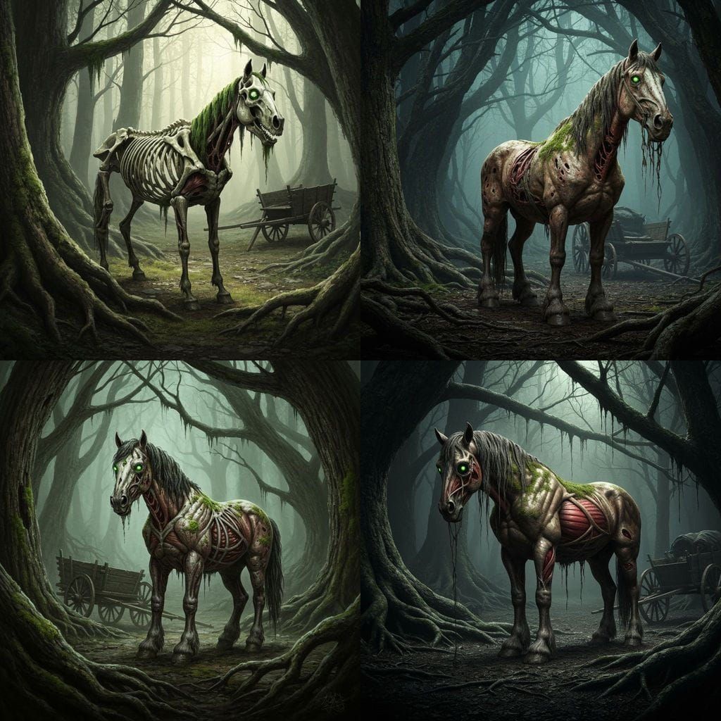 Zombie Draft Horse in Dark Forest, Glowing Eyes