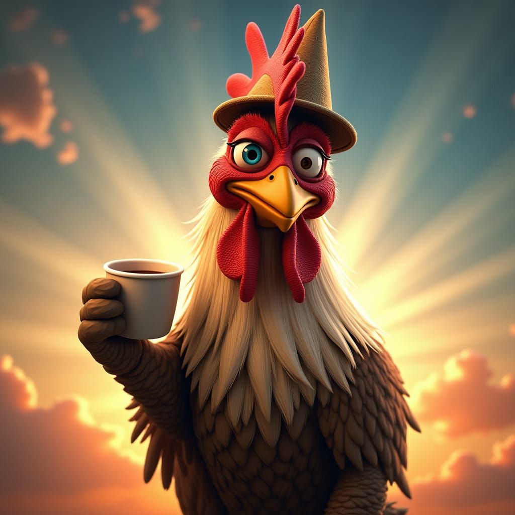 Comical Rooster in Morning Hangover, Pixar-Style 3D Digital...