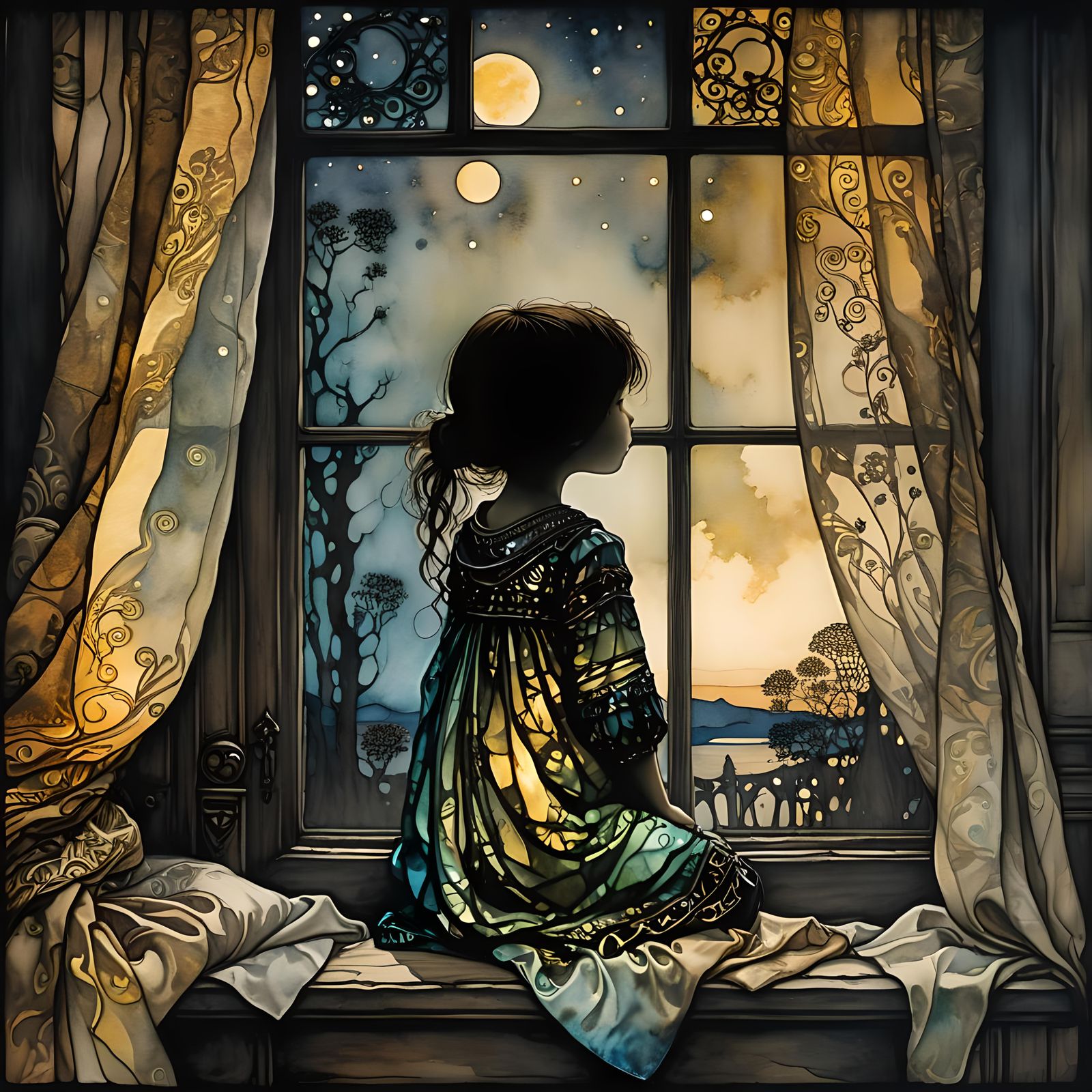 A child looking out the window in the moonlight