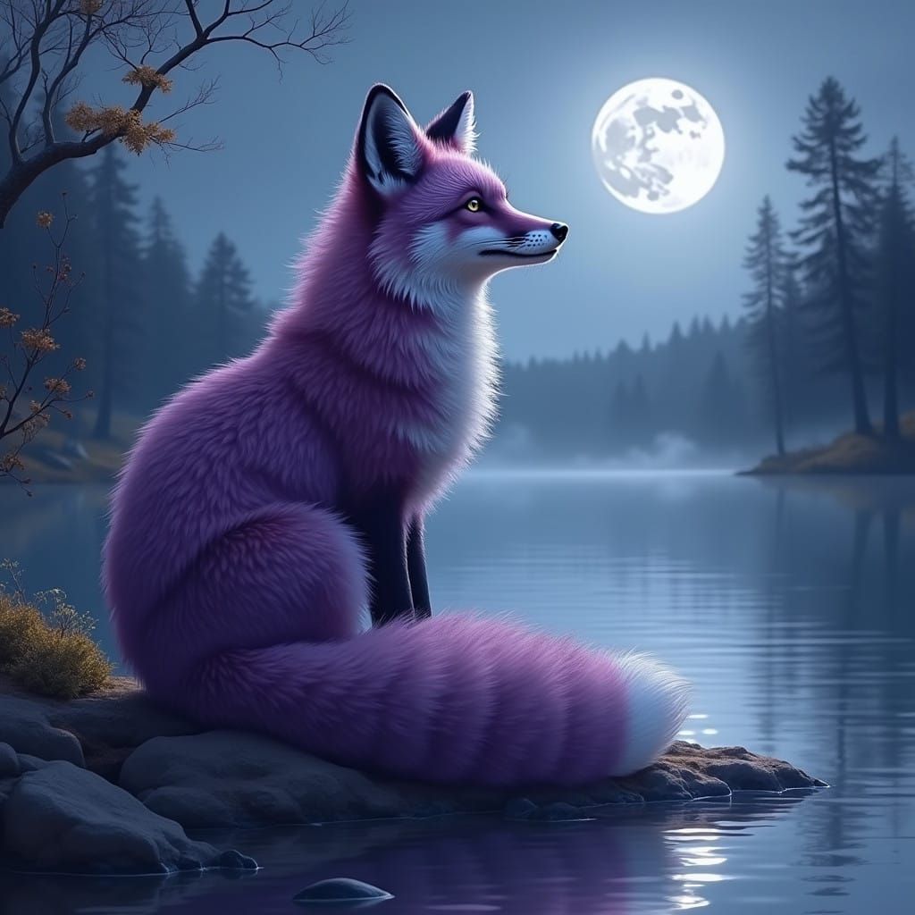 Purple Nine-Tailed Fox Under the Full Moon