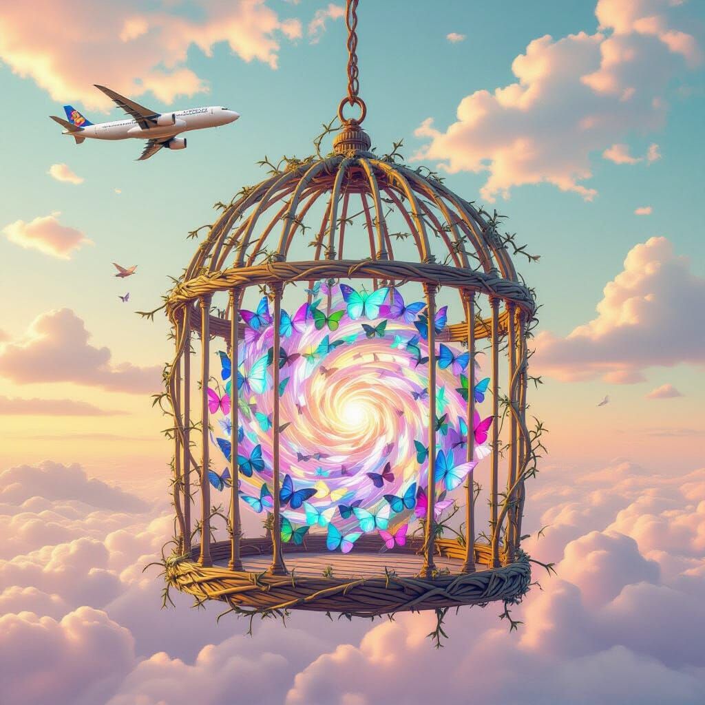 Whimsical Butterfly Vortex in Dreamlike Birdcage
