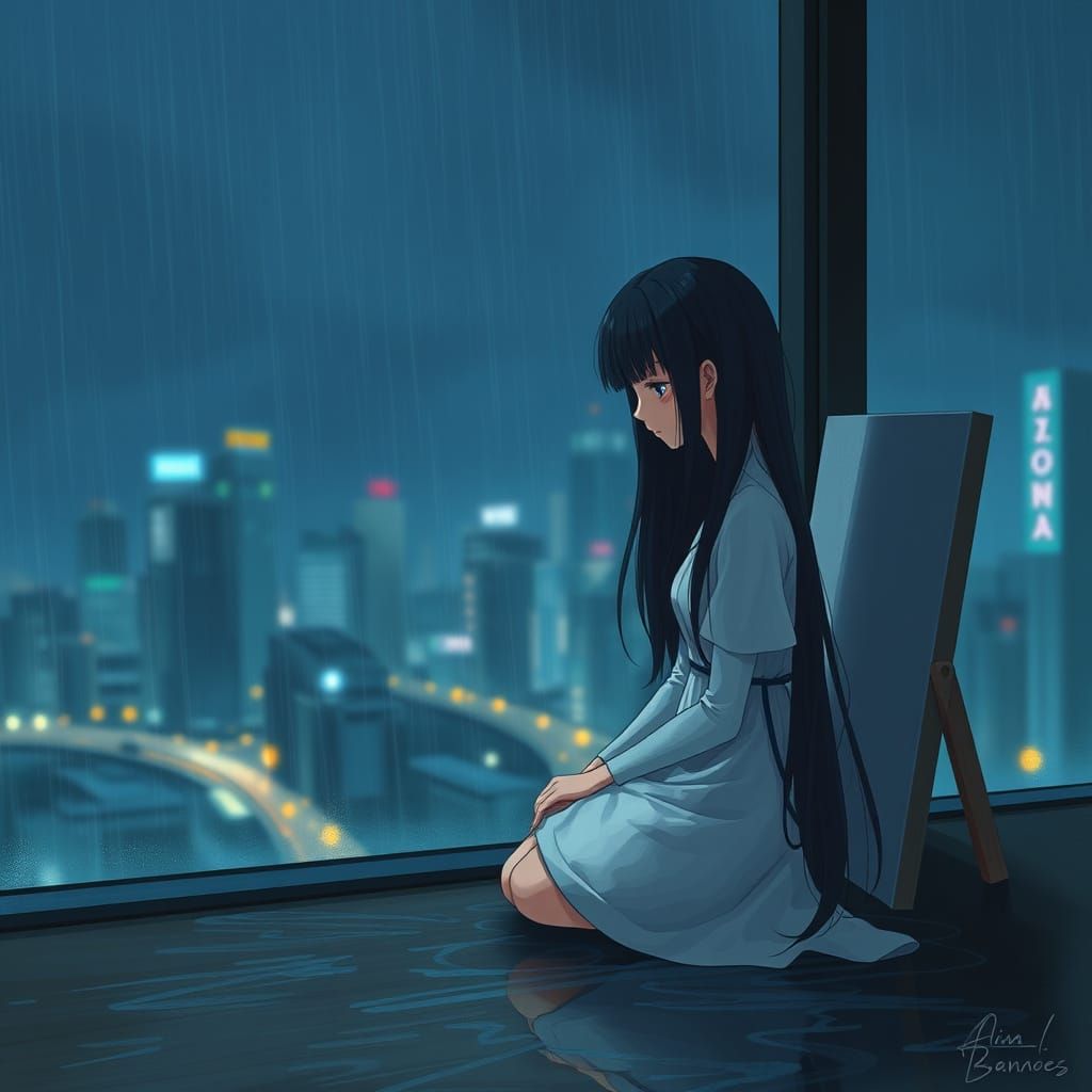 Sorrowful Anime Girl Lost in Her Artistic Turmoil