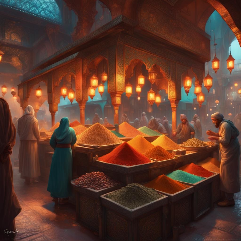 Moroccan Spice Stall in Busy Souk: 8K Concept Art