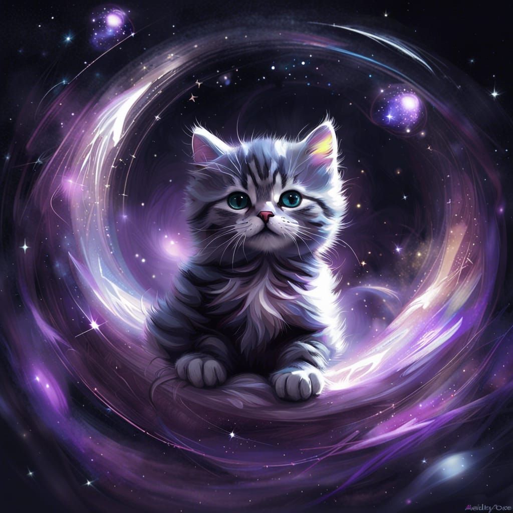 Astrophysical Kitten with Galaxy Stars, Chromalithograph