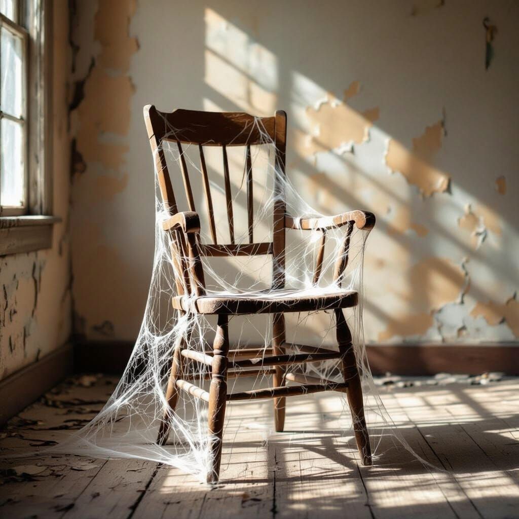 Old Wooden Chair Held by Spiderwebs in Sunlit Abandoned Room