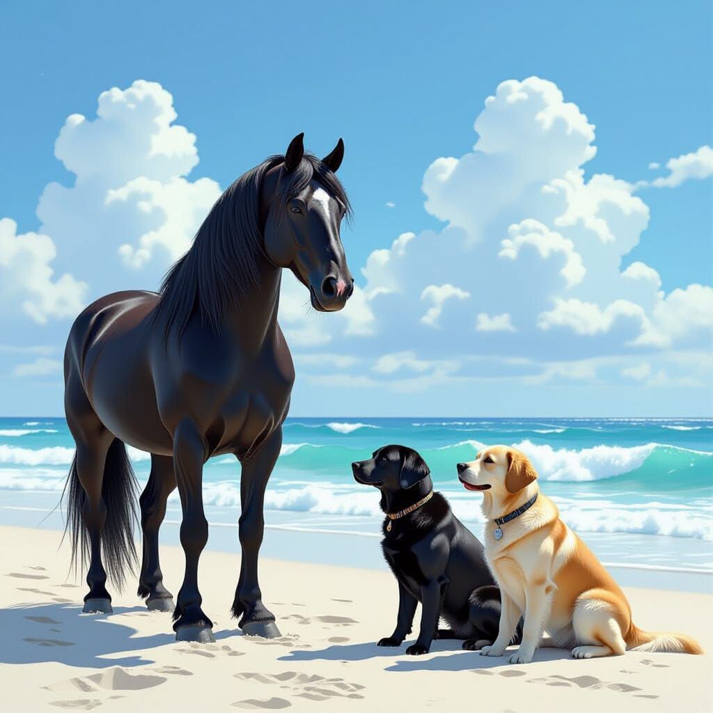 Majestic Percheron Horse on Beach with Dogs