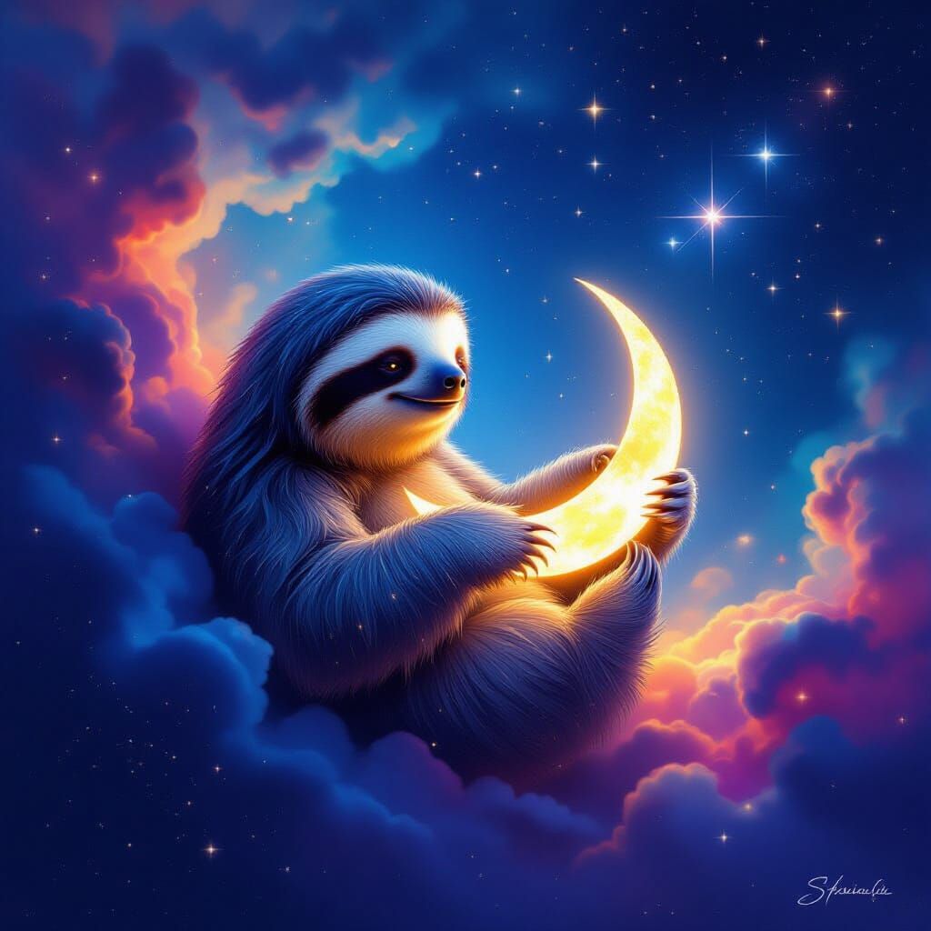 Celestial Sloth Drifts Through Nebula Holding Moon