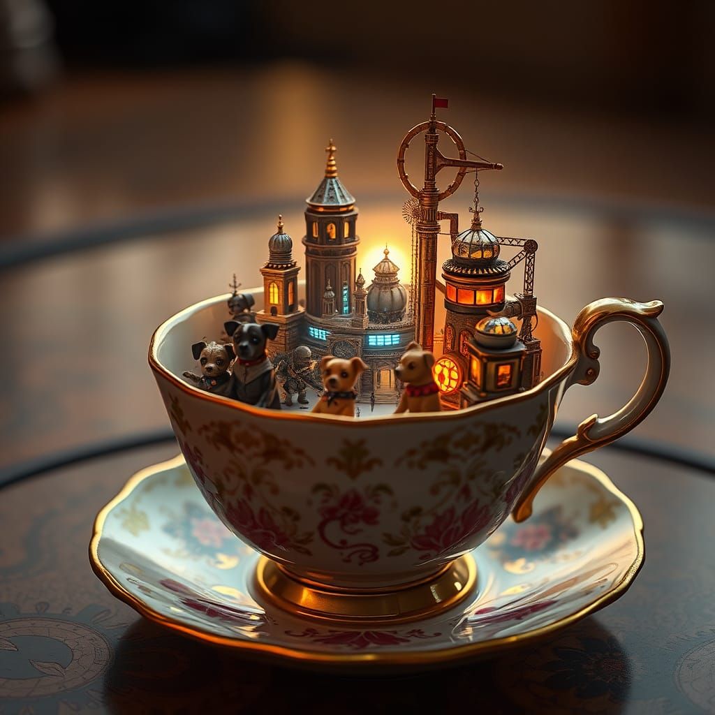 Futuristic Dog City Inside Antique Teacup
