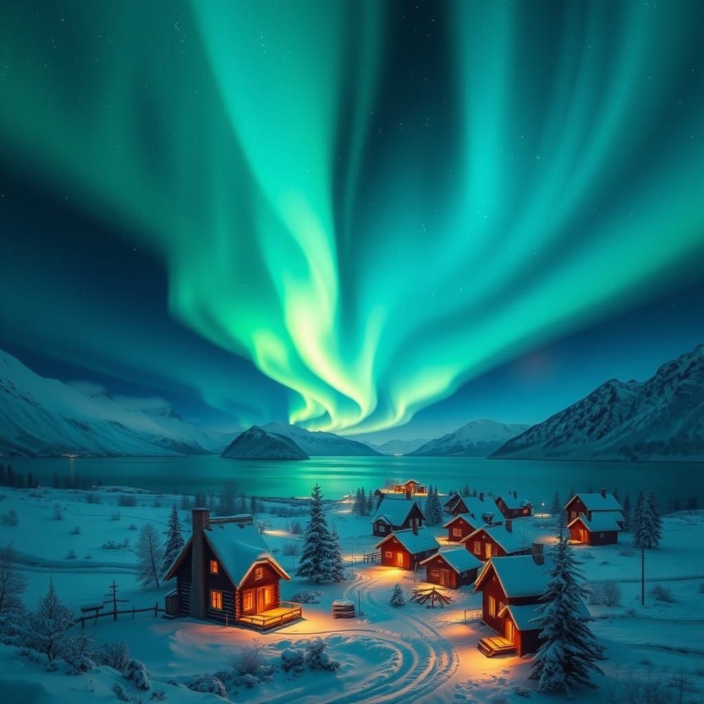 Northern Lights Dance Above a Snowy Norwegian Village