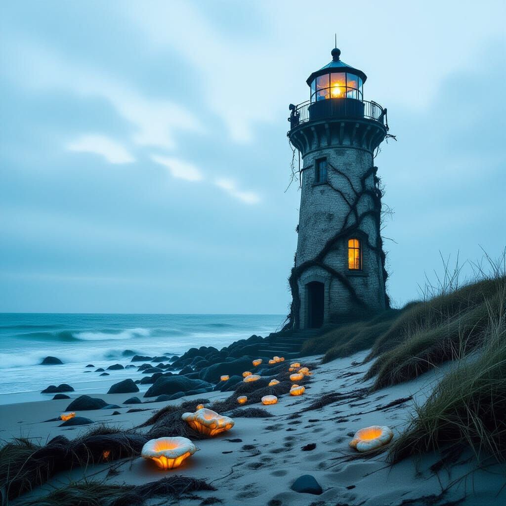 Creepy Beach Lighthouse with Glowing Fungi