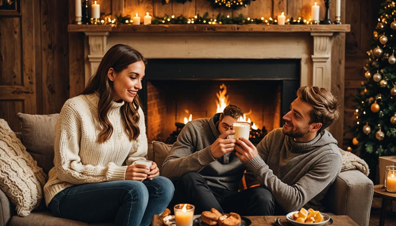 Cozy Fireplace Scene with Couple Enjoying Eggnog