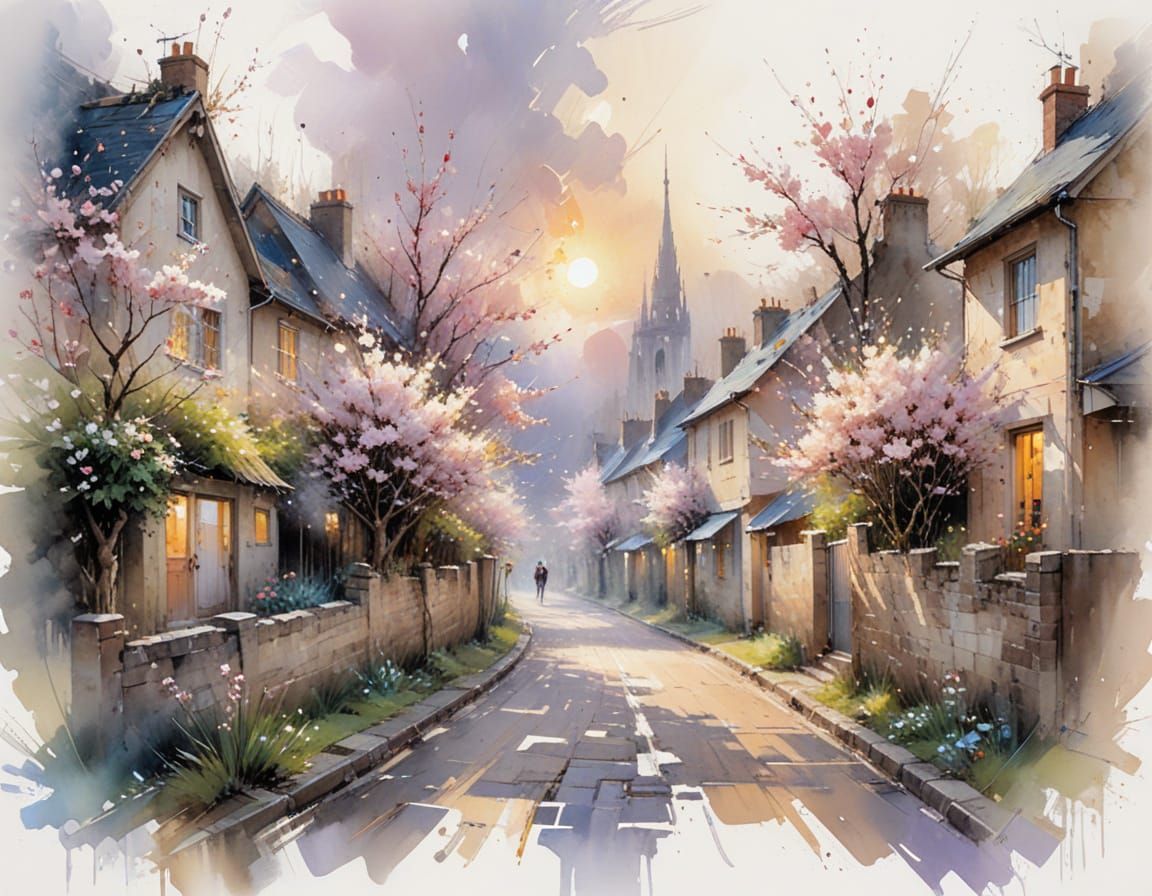 Cherry Blossom Lane in Pastel Morning Light