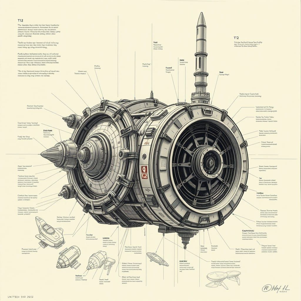 Space Age Rocket Engine Blueprint in Futuristic Style