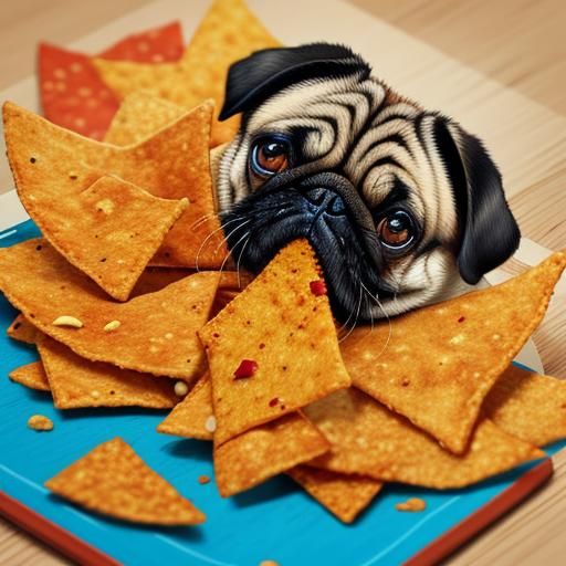 Pug's Whimsical Doritos Feast: A Vibrant Illustration