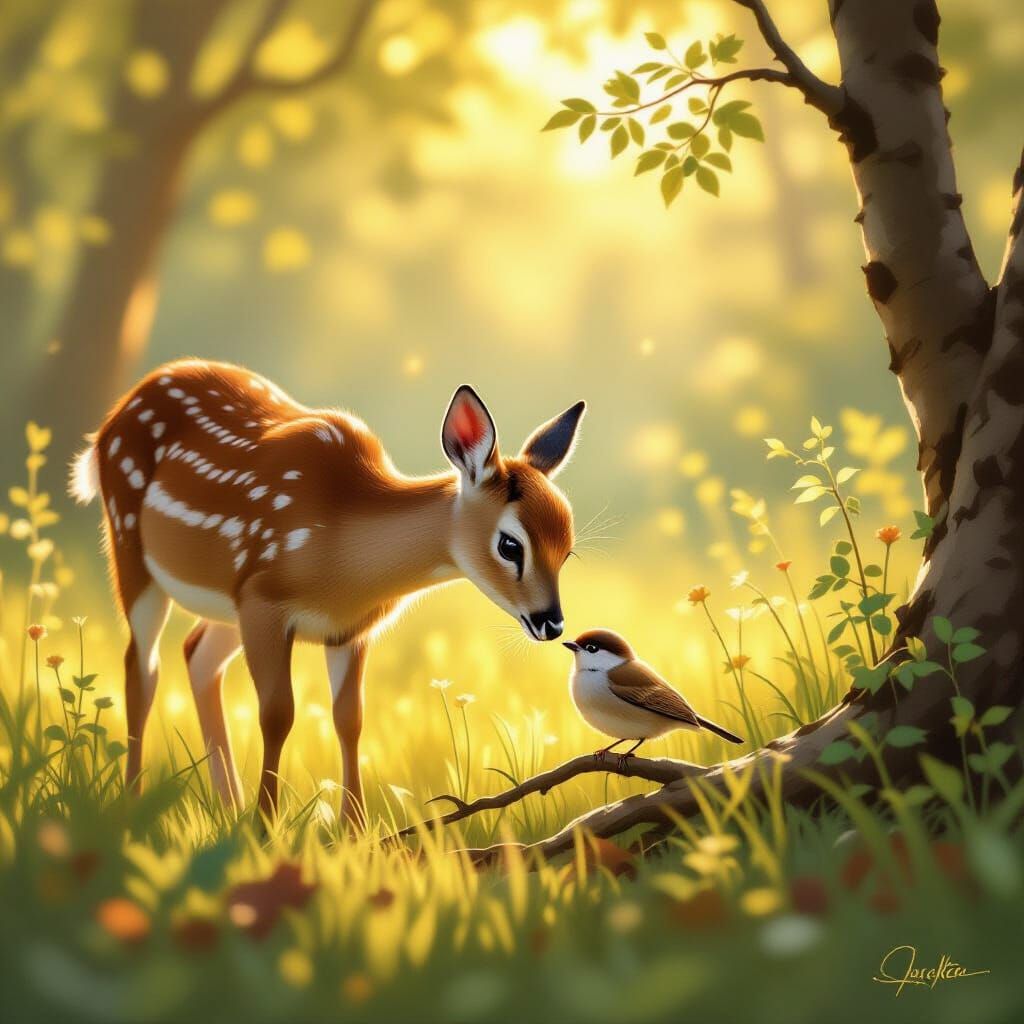 Gentle Doe and Sparrow in Sun-Dappled Forest