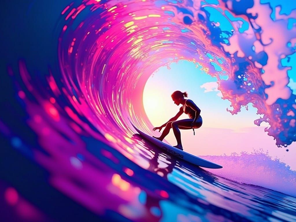Electric Dreams Surfer in Neon-Lit Pipeline