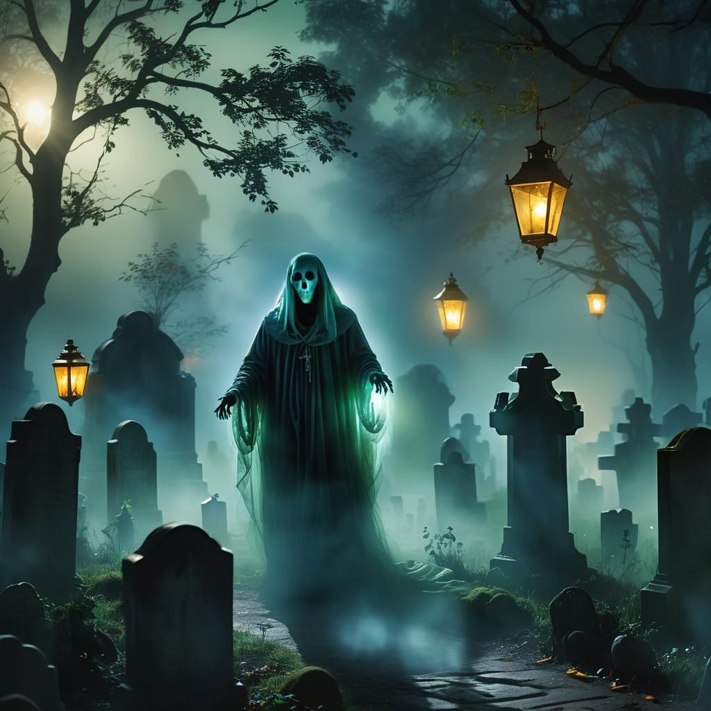 Spectral Ghost Haunting Cemetery in Gothic Moonlight