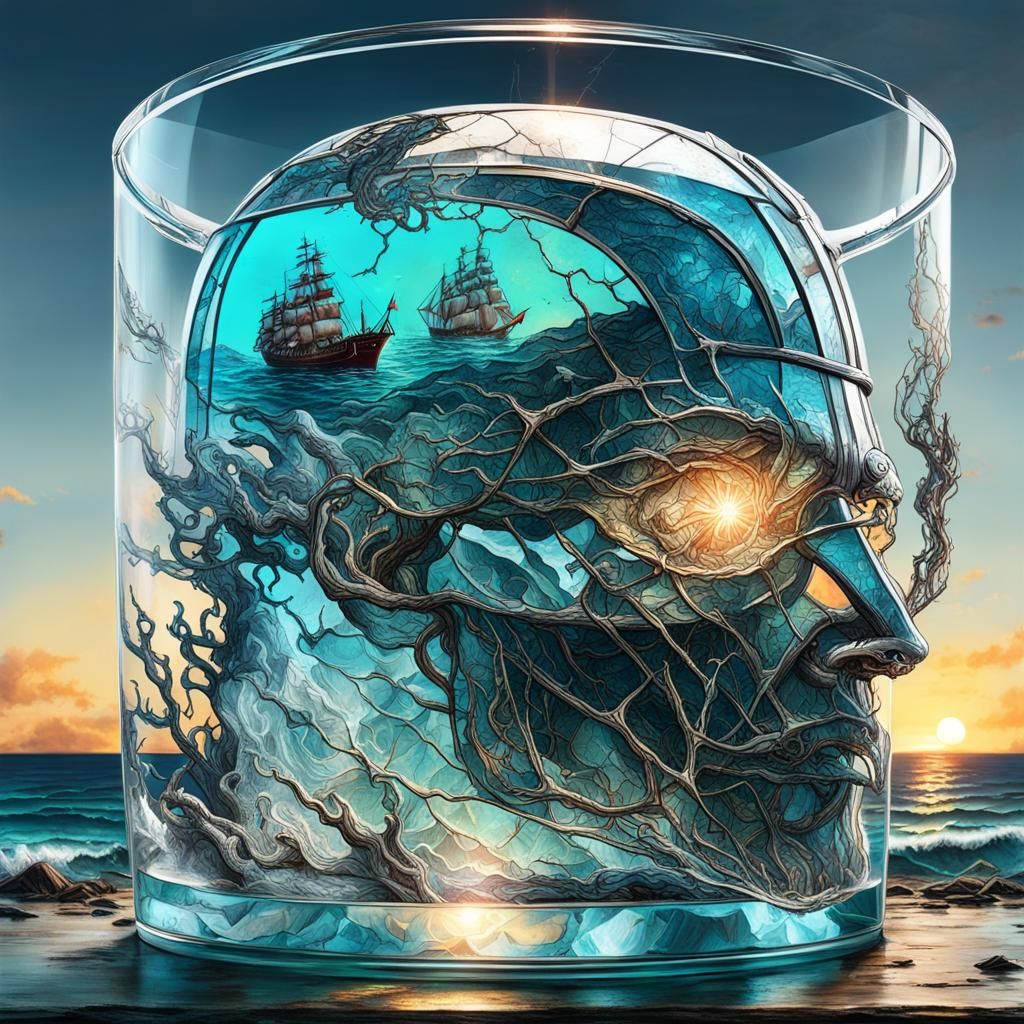 Ocean and Ship Inside Cracked Glass Humanoid