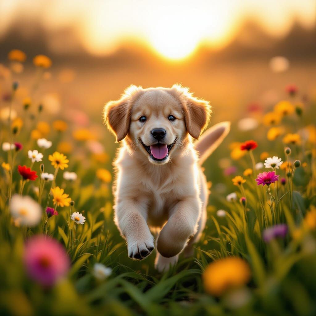 Golden Retriever Puppy Runs Through Flower Meadow at Sunrise
