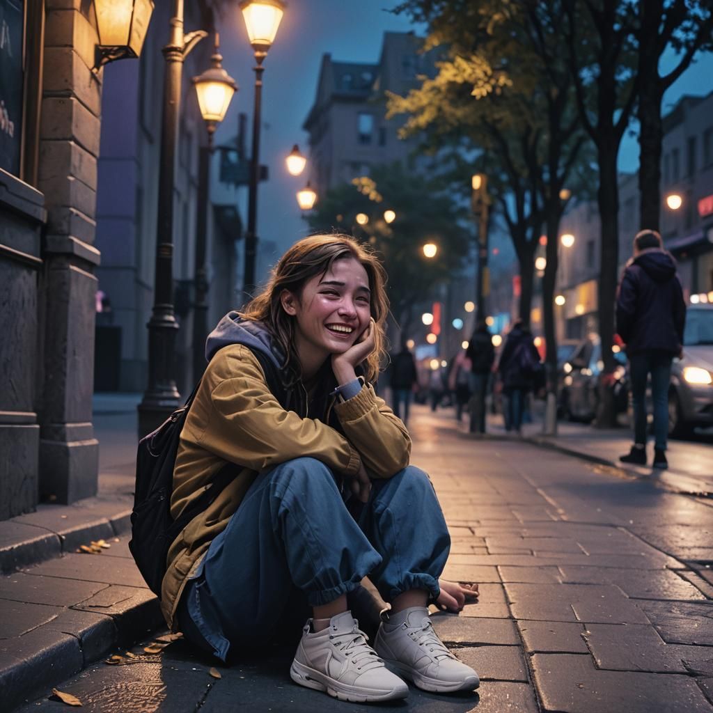 Crying Girl on Sidewalk: Fantasy Concept Art