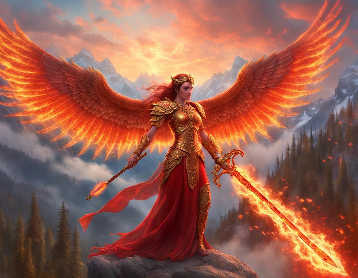 Fiery Goddess with Sword and Wings in Hyperrealistic Style