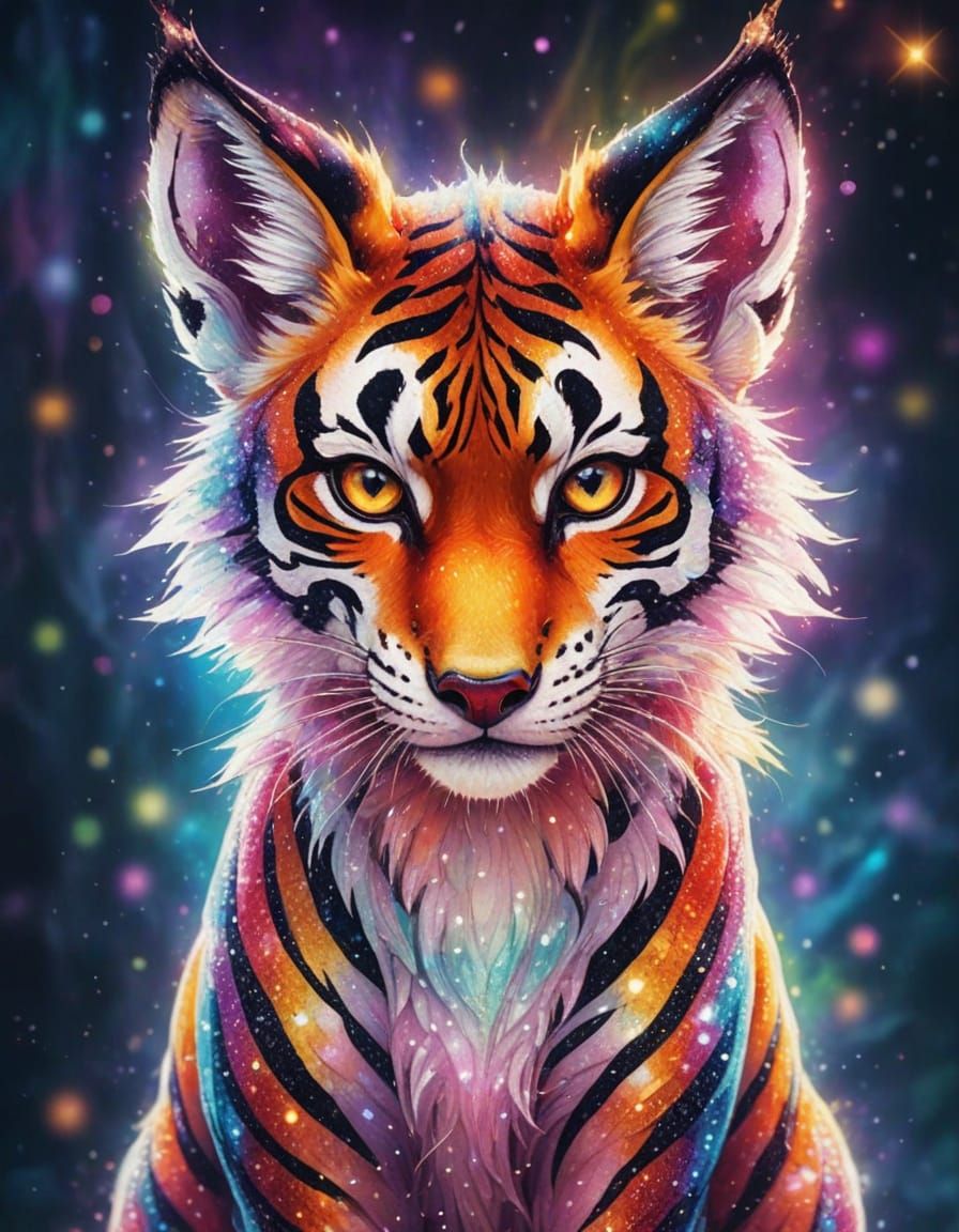 Rainbow Fox Tiger Hybrid with Magical Aura