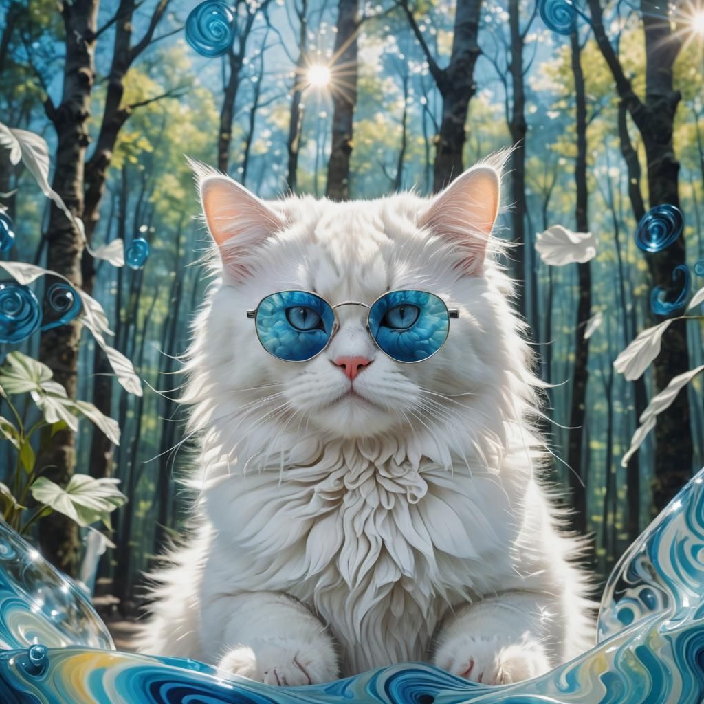 Photorealistic Fluffy Cat with Sunglasses in Forest