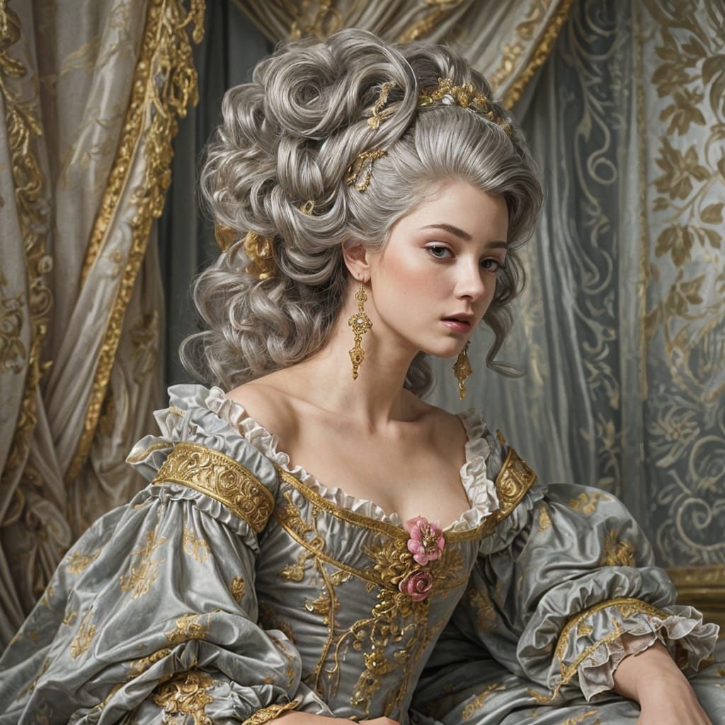 Sensual Woman in Rococo Gown in Boudoir