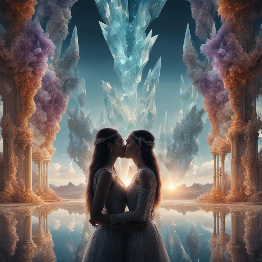 Crystals Reflecting Two Girls Kissing: Digital Matte Paintin...
