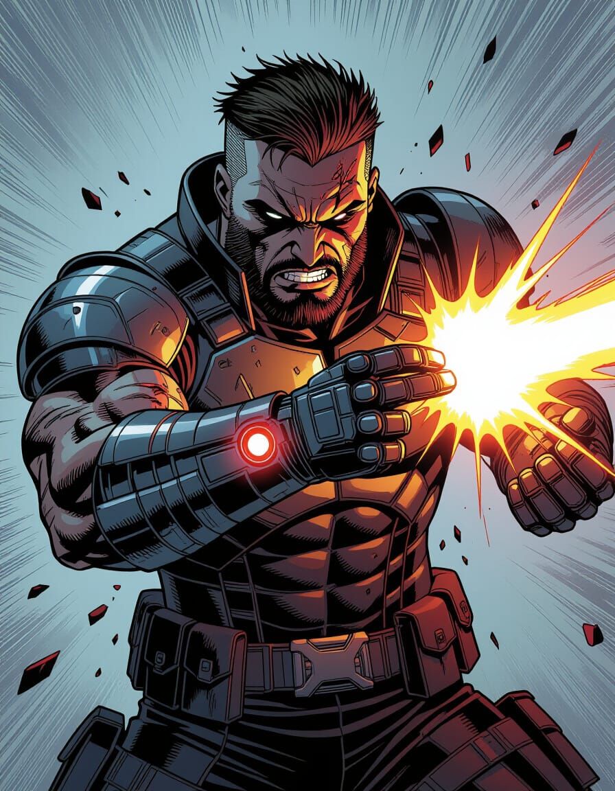 Comic Book Cover Art: Cybernetic Warrior Defends Against Bio...