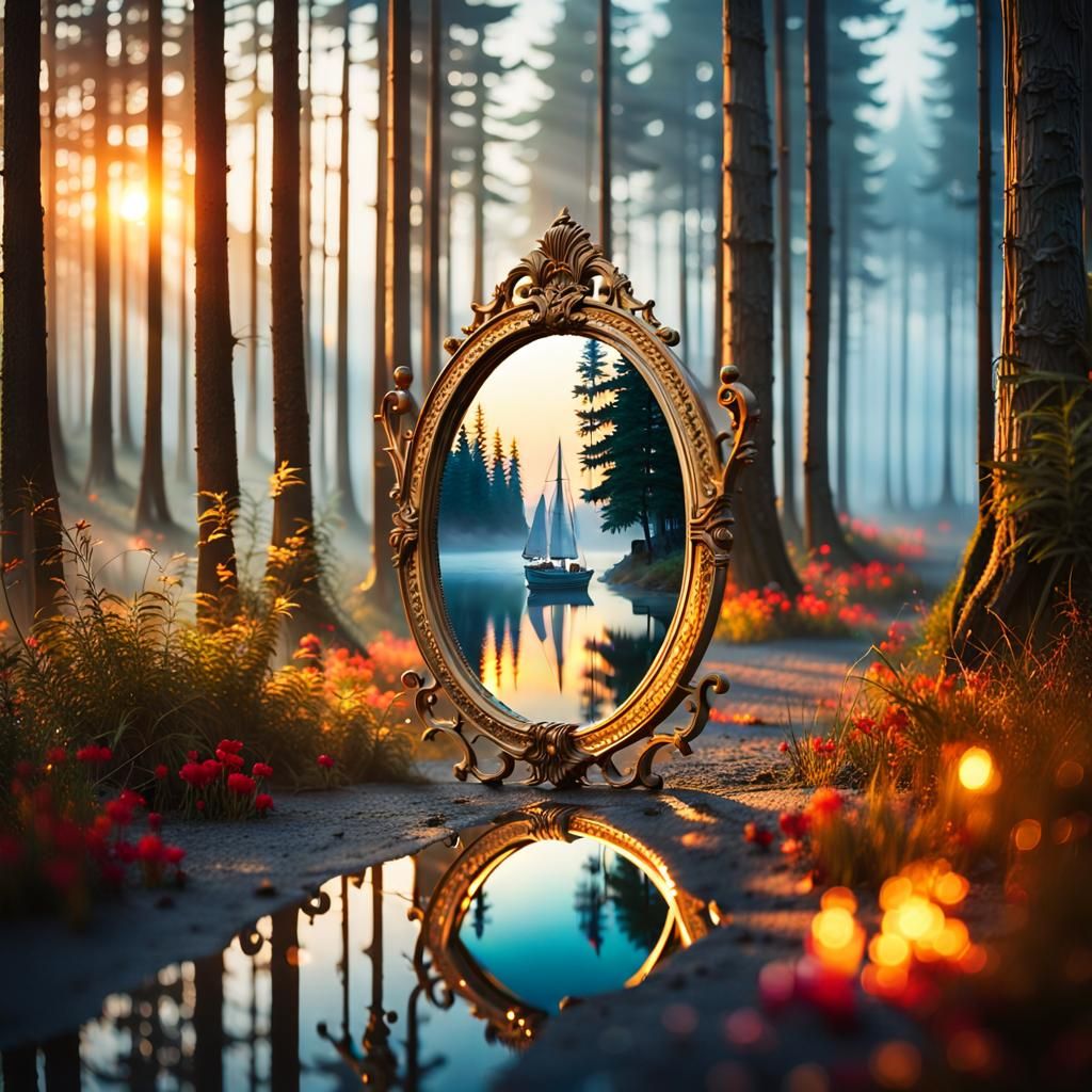 Ornate Mirror Reflects Fantasy Seascape at Golden Hour