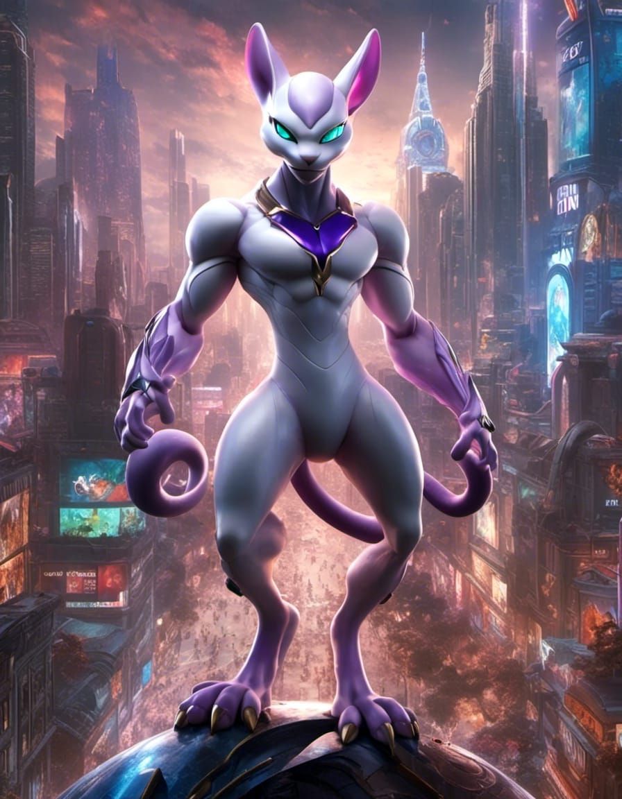 Mewtwo Close-Up with Cityscape in Digital Art Style