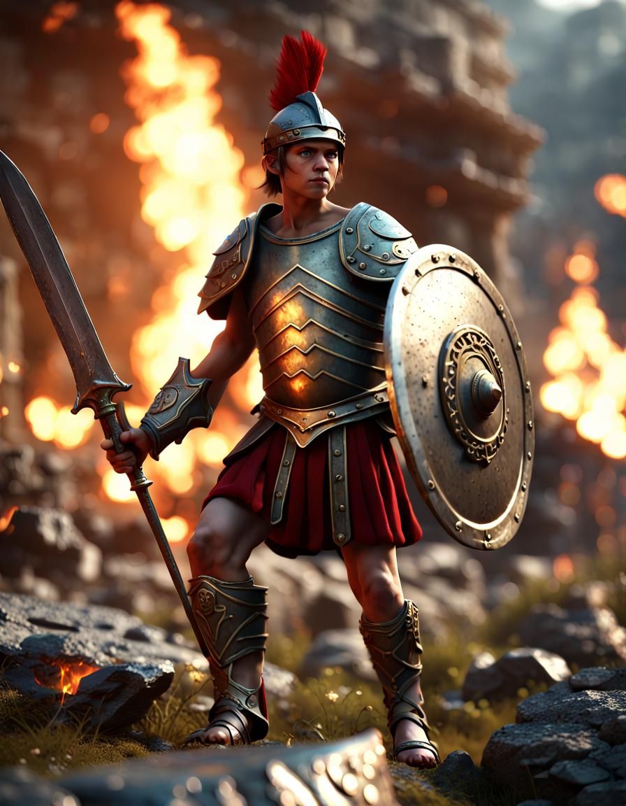 Centurion Amidst Burning Fairy Town Ruins
