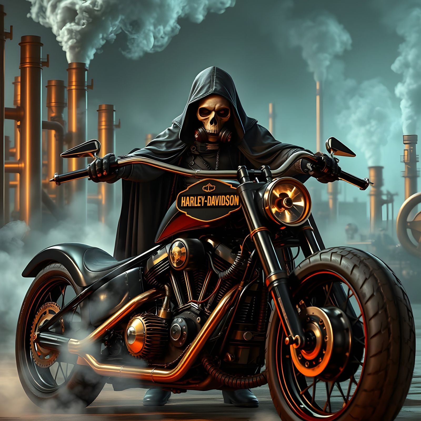 Grim Reaper in Steampunk Cityscape with Motorcycle