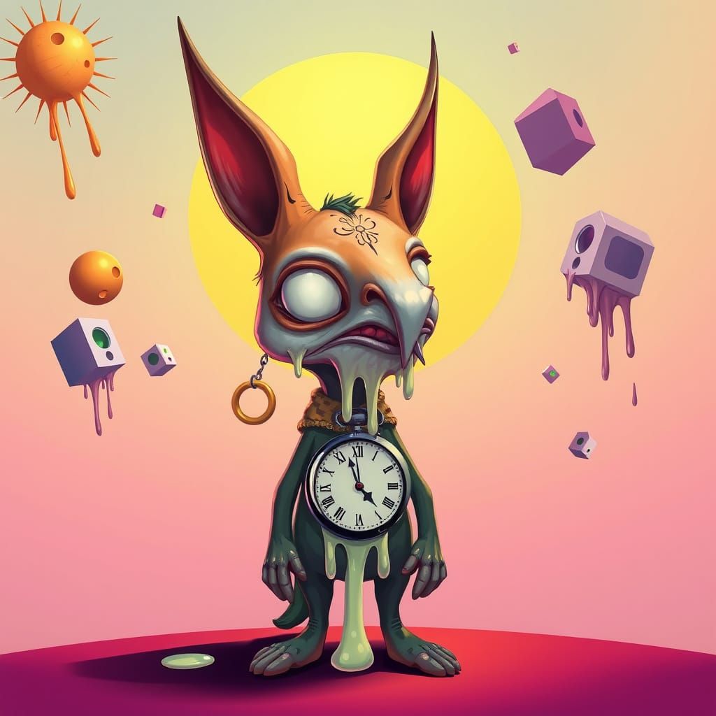 Surreal Dalí-Inspired Cartoon Character with Melting Feature...