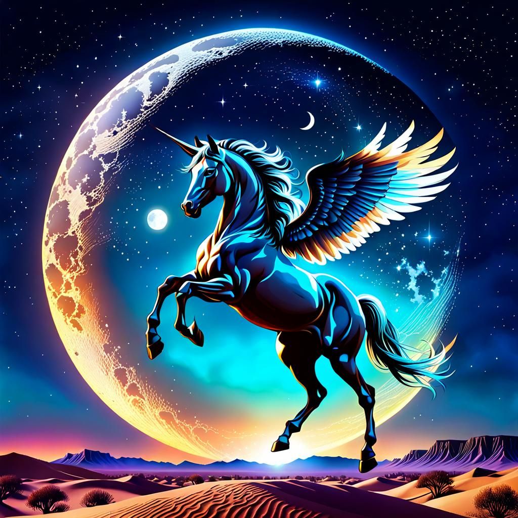 Pegasus Silhouetted Over Desert City in Holographic Style